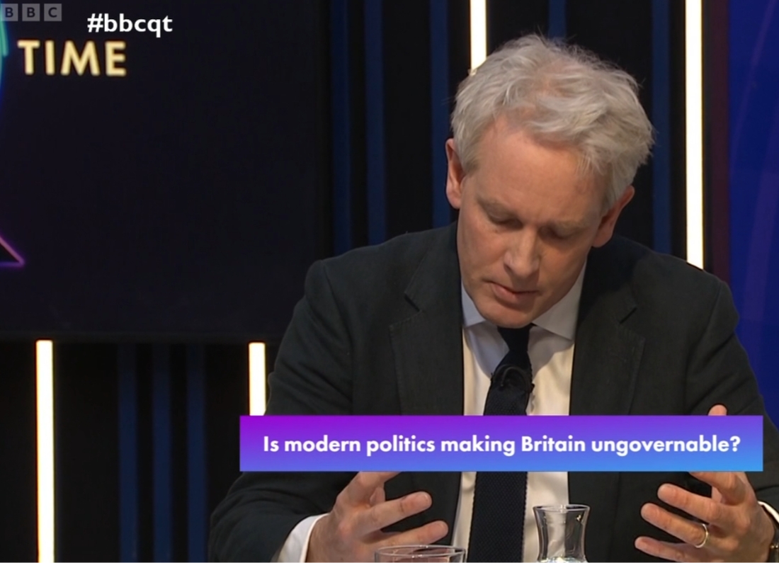 BBC Question Time panellist Danny Kruger speaking during a televised political debate, with on-screen text reading: “Is modern politics making Britain ungovernable?”
