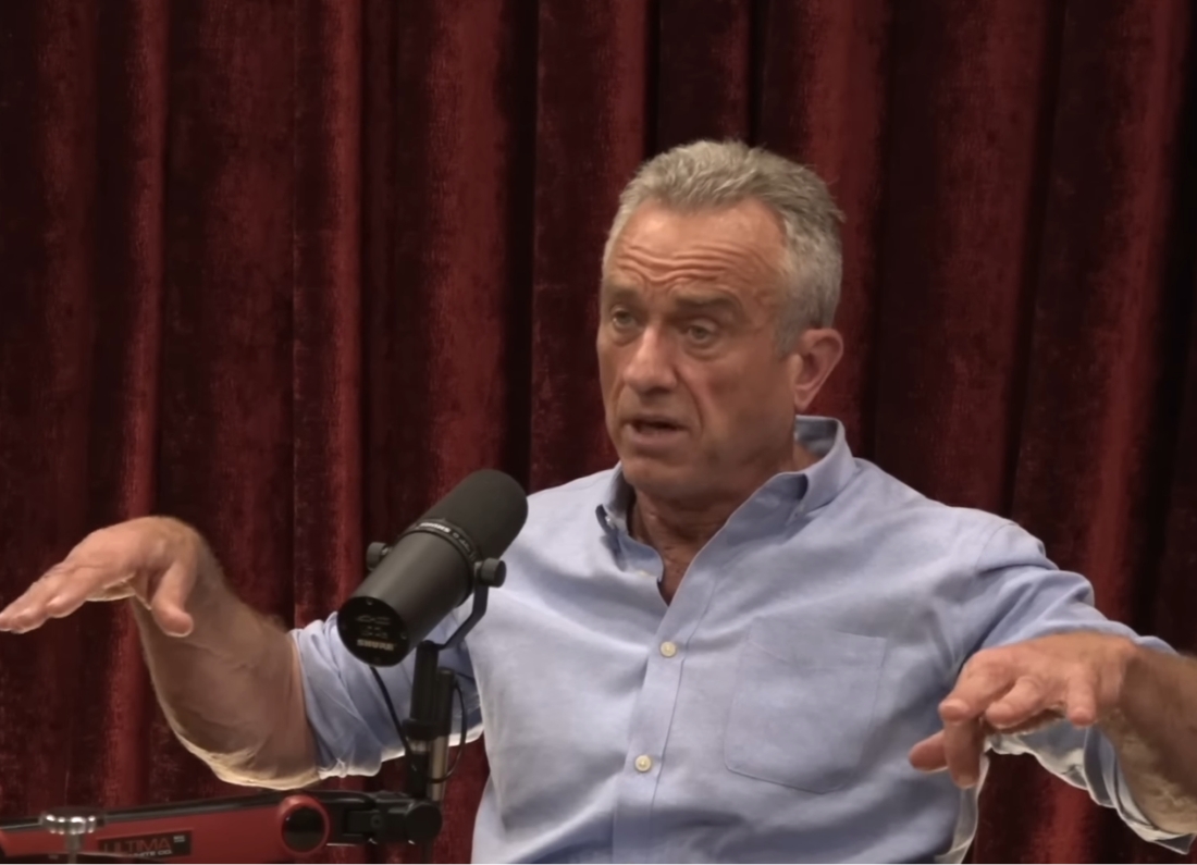 Robert F. Kennedy Jr speaks into a microphone during an appearance on The Joe Rogan Experience podcast while discussing the United Kingdom.