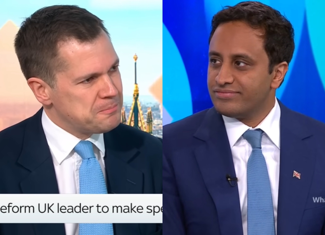 Split-screen image of Reform UK figures Robert Jenrick and Zia Yusuf during separate television interviews, both wearing blue ties and dark suits.