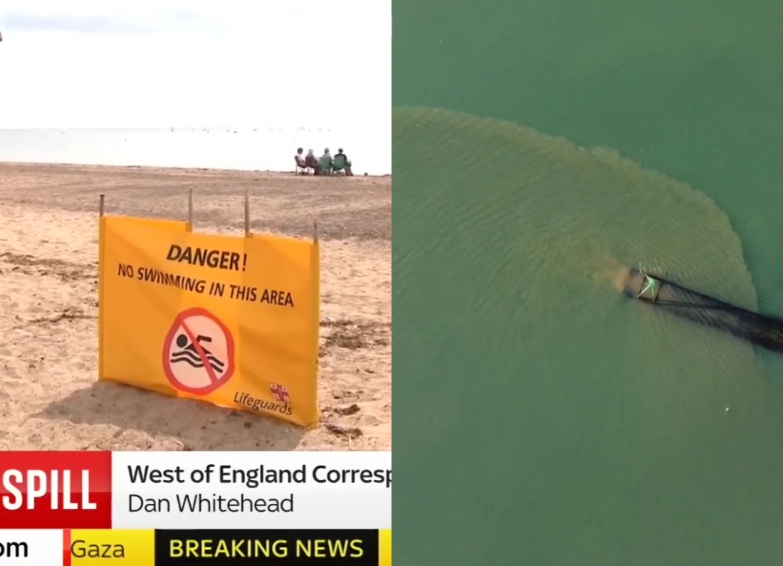 Split-screen image showing a warning sign on a UK beach reading “Danger! No swimming in this area” alongside an aerial view of sewage being discharged into the sea.
