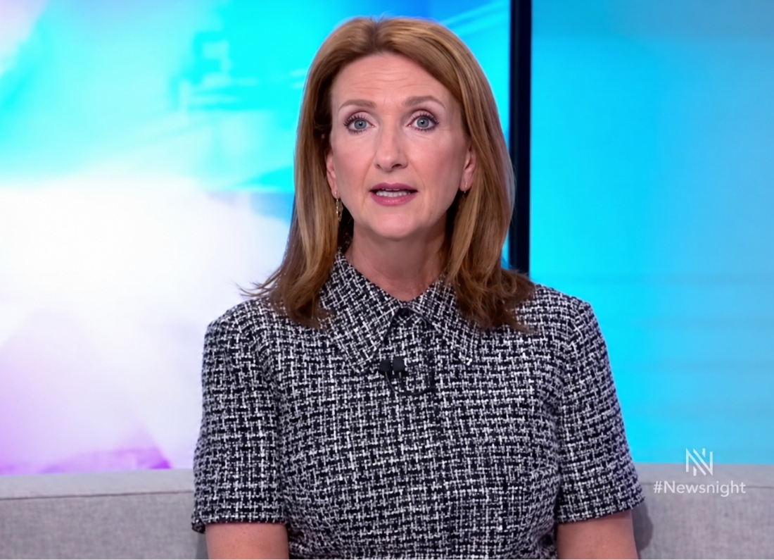 BBC Newsnight presenter Victoria Derbyshire speaking directly to camera in a television studio during a segment about Nigel Farage’s finances and property purchase.