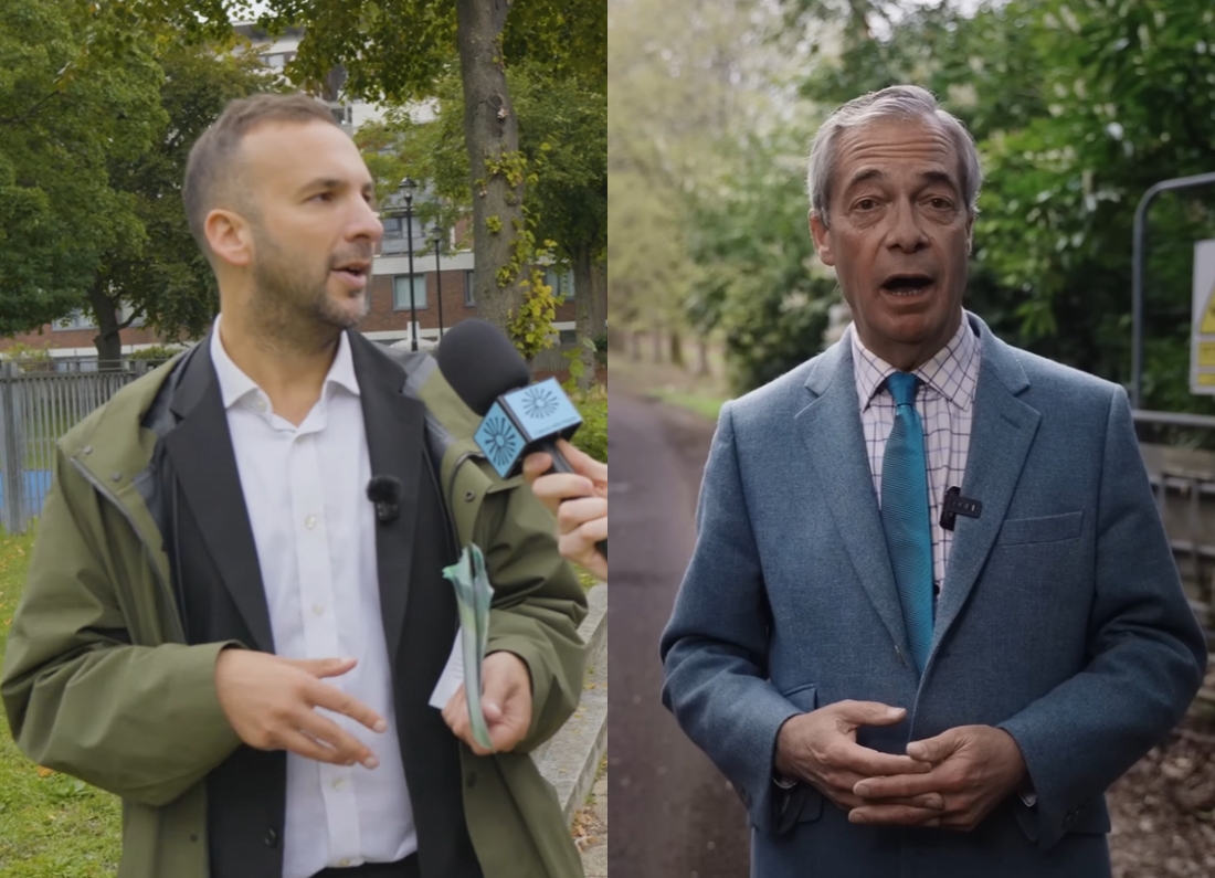 A split-screen image showing Green Party politician Zack Polanski speaking during an outdoor interview beside Nigel Farage speaking directly to camera on a tree-lined path.
