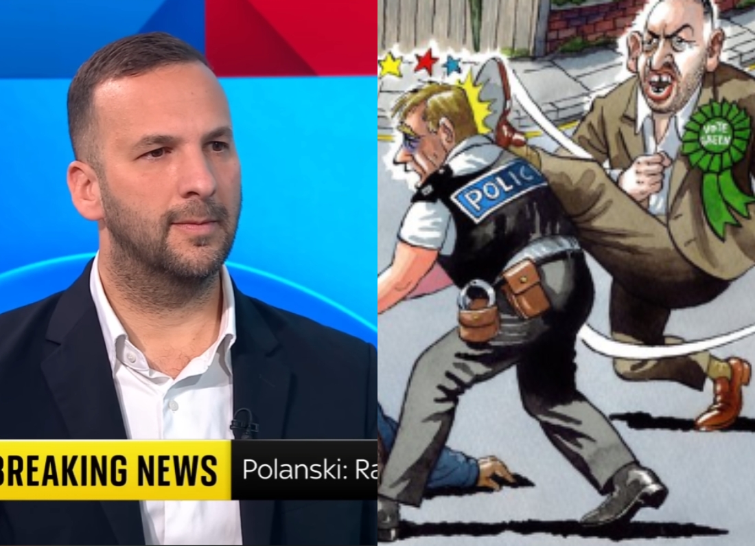 Zack Polanski appears on a news broadcast alongside a controversial political cartoon depicting a violent scene.
