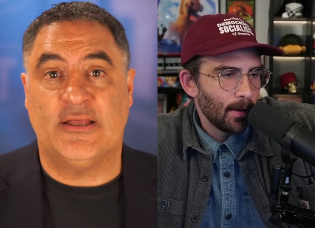 Split-screen image showing political commentators Cenk Uygur and Hasan Piker. Uygur appears speaking directly to camera, while Piker sits in front of a microphone wearing glasses and a cap during a livestream or podcast broadcast.
