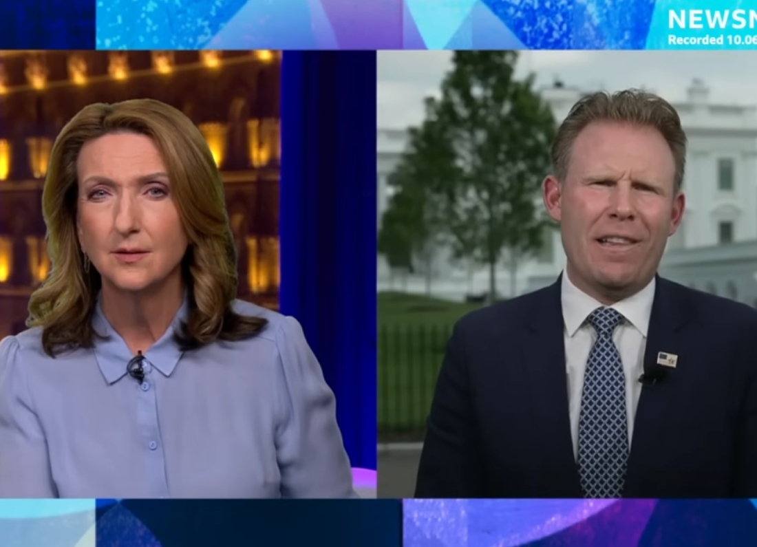 BBC Newsnight presenter Victoria Derbyshire interviews Andrew Giuliani, Executive Director of the White House Task Force on the FIFA World Cup 2026, in a split-screen television broadcast.