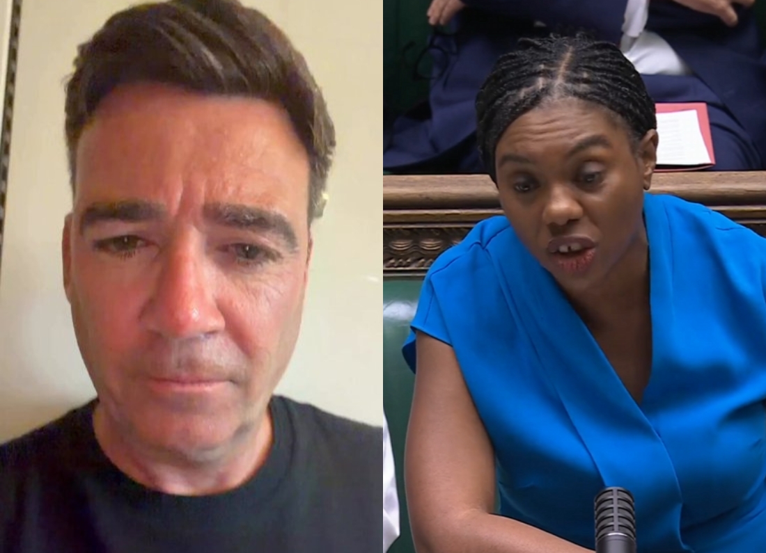 Andy Burnham responding in a video beside an image of Kemi Badenoch speaking in the House of Commons.