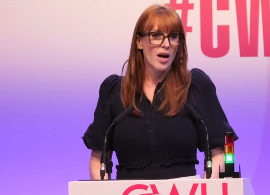 Angela Rayner speaks at a CWU conference podium.