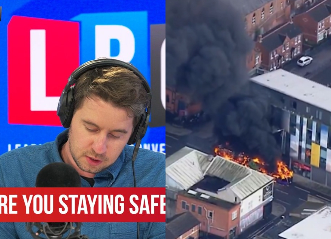 LBC presenter Ben Kentish speaks into a microphone during a radio broadcast, alongside an aerial image showing a large fire and thick black smoke rising above a street in Belfast.