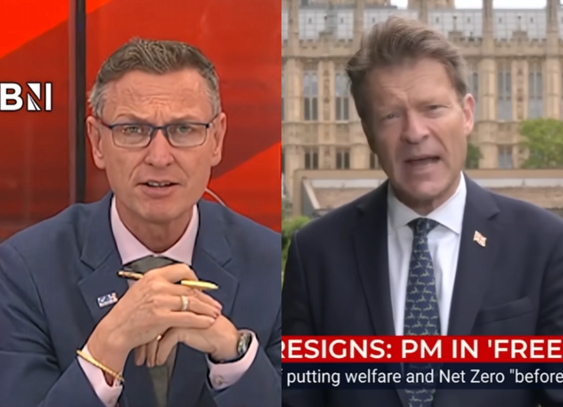GB News Political Editor Christopher Hope interviews Reform UK deputy leader Richard Tice in a split-screen television broadcast discussing defence and national security policy.