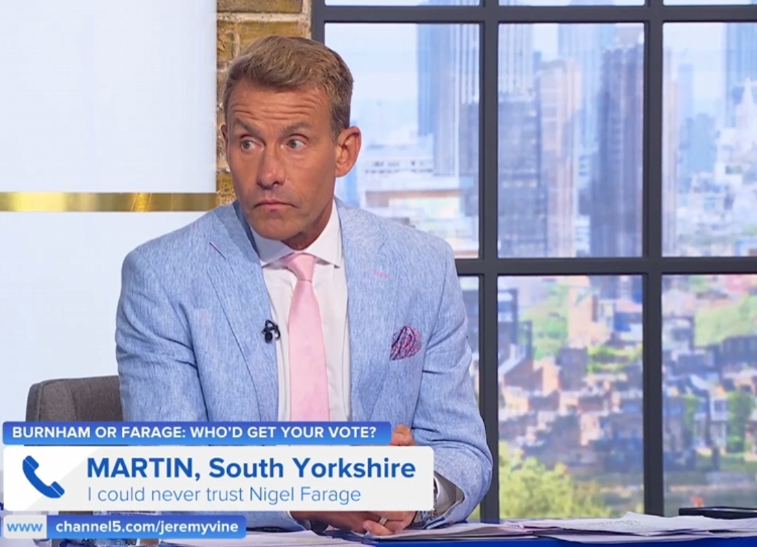 Dr David Bull appearing on Jeremy Vine during a discussion about whether voters would choose Andy Burnham or Nigel Farage.