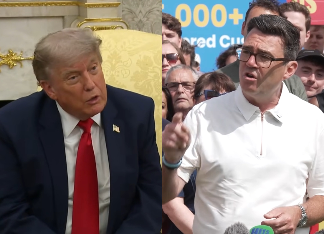 Donald Trump seated during a White House meeting alongside Andy Burnham speaking at a public event.
