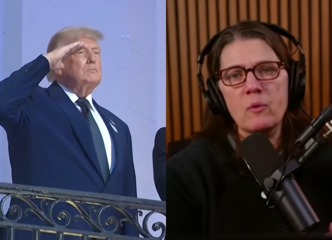 A split-screen image showing Donald Trump saluting from a balcony on the left and author and commentator Mary Trump speaking into a microphone during a podcast recording on the right.