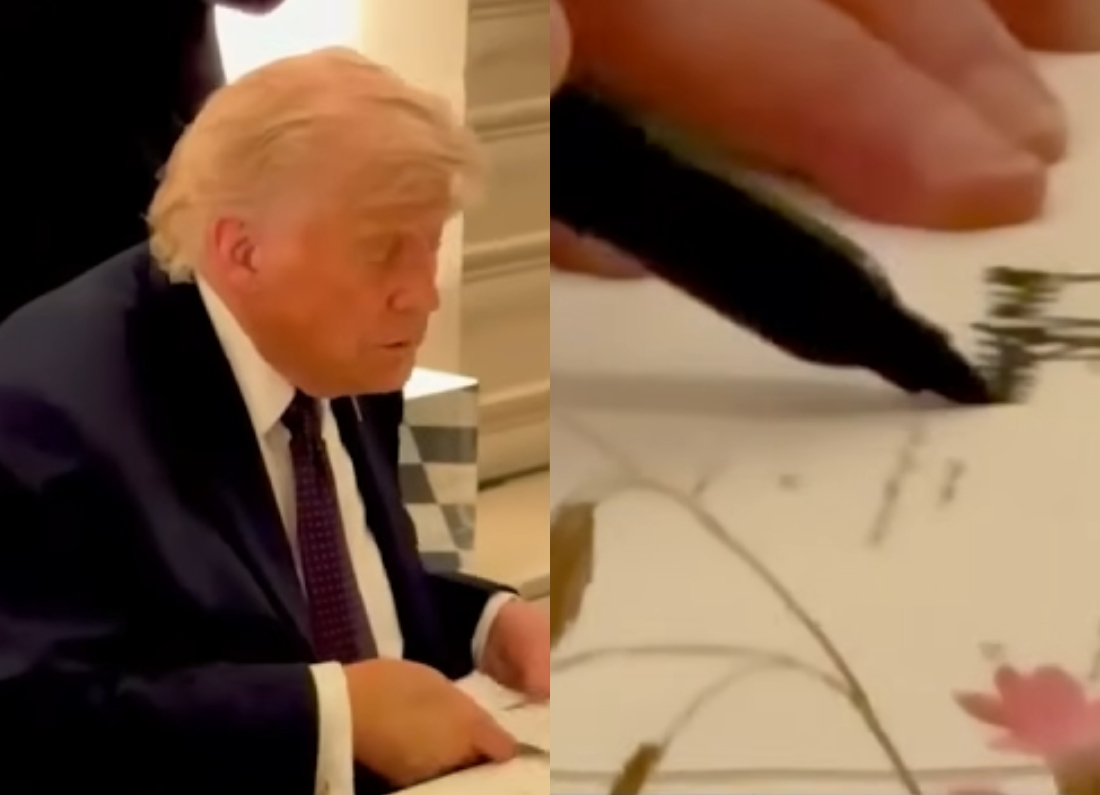 Donald Trump signs a document at a table, alongside a close-up of a pen writing on an agreement.
