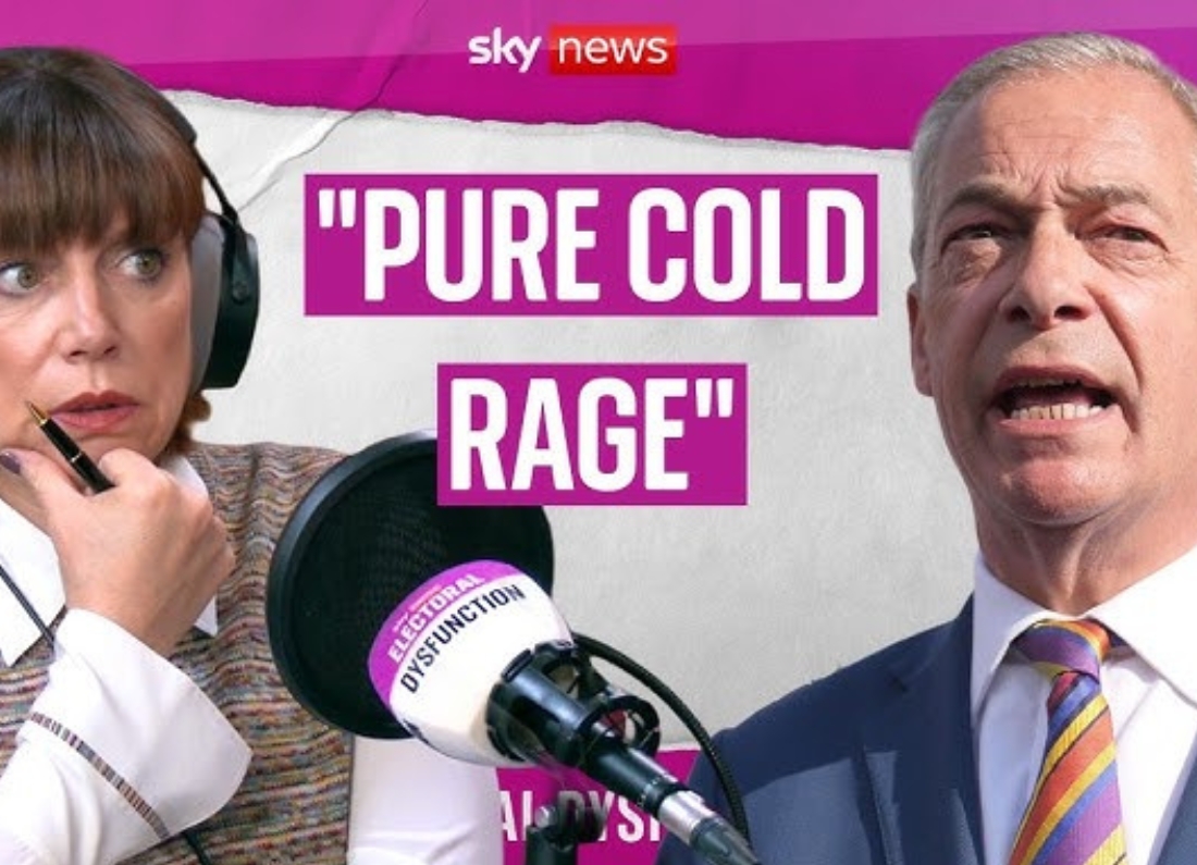 Promotional graphic for the Electoral Dysfunction podcast featuring a presenter at a microphone alongside Nigel Farage, with the words "Pure Cold Rage" displayed prominently.