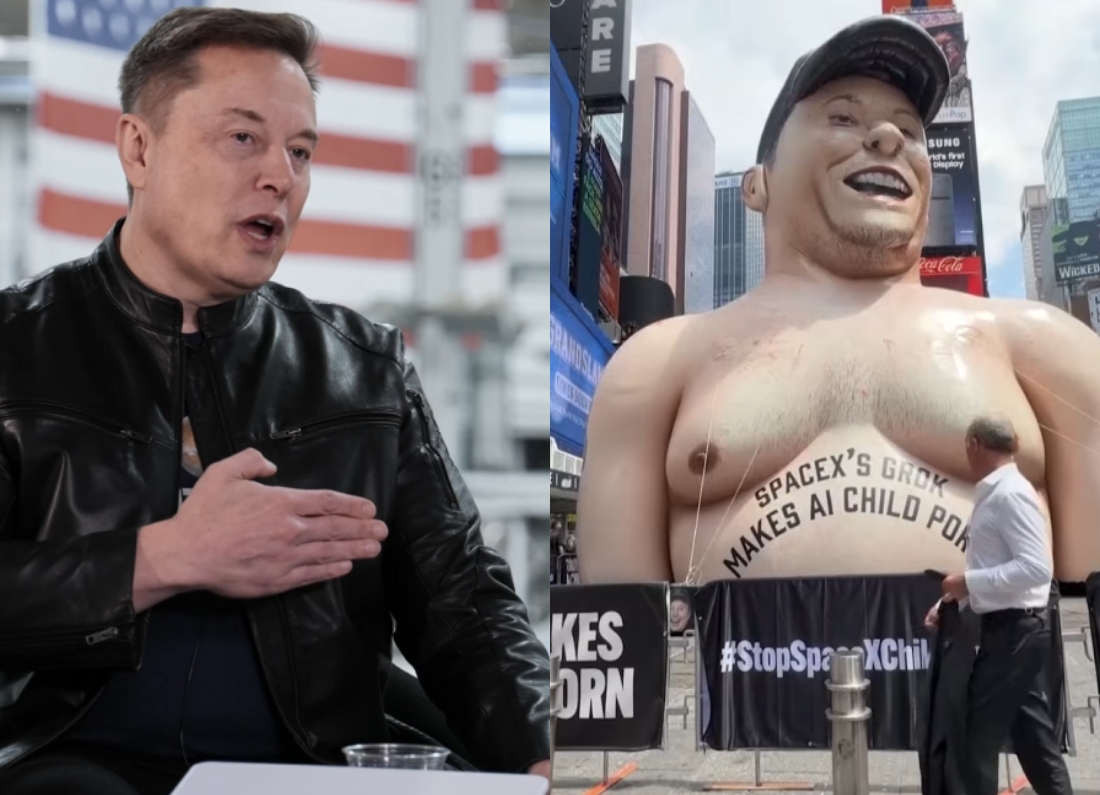 A split-screen image showing Elon Musk during an interview on the left and a giant inflatable caricature resembling him displayed in New York's Times Square on the right.