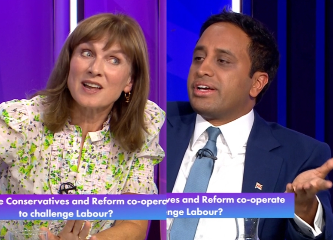 Fiona Bruce and Zia Yusuf speaking during a BBC Question Time debate about Conservative and Reform cooperation.