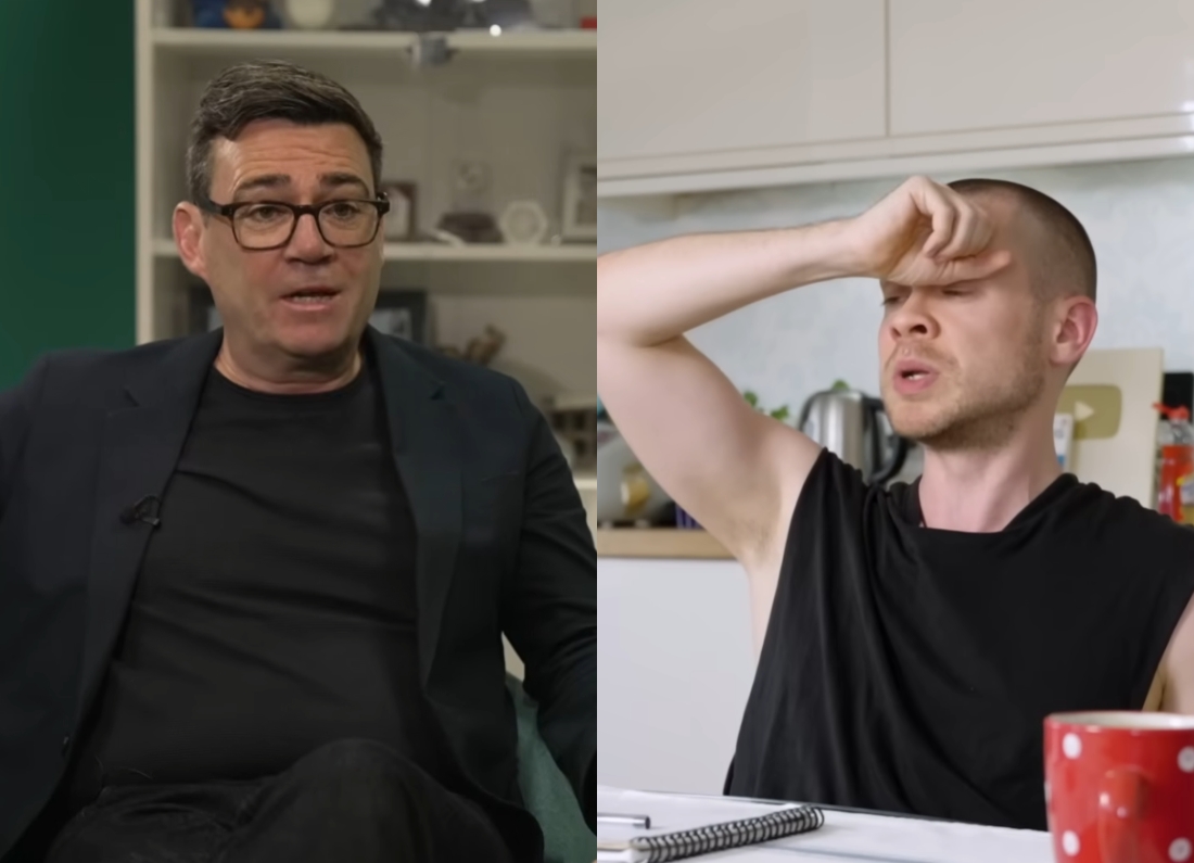 Andy Burnham speaking with economist Gary Stevenson in a split-screen video about bond markets, public spending and the economic choices facing a future Labour government.