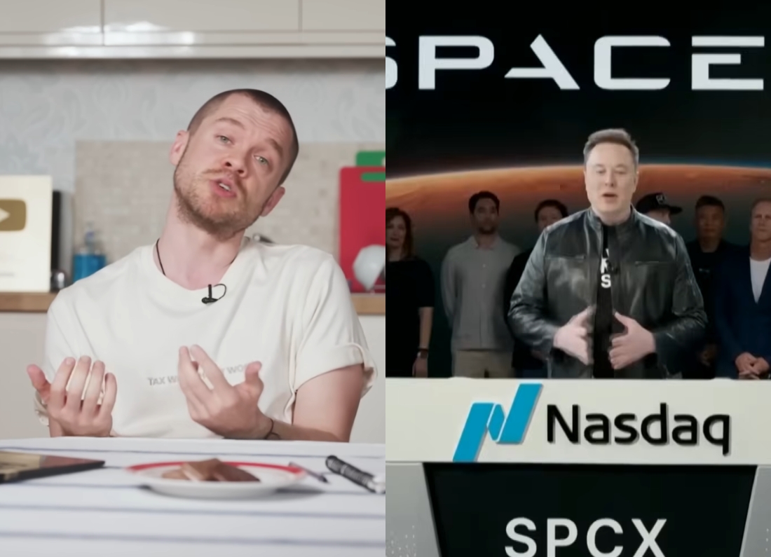 Economist Gary Stevenson speaking in a video alongside an image of Elon Musk at a SpaceX Nasdaq listing event.