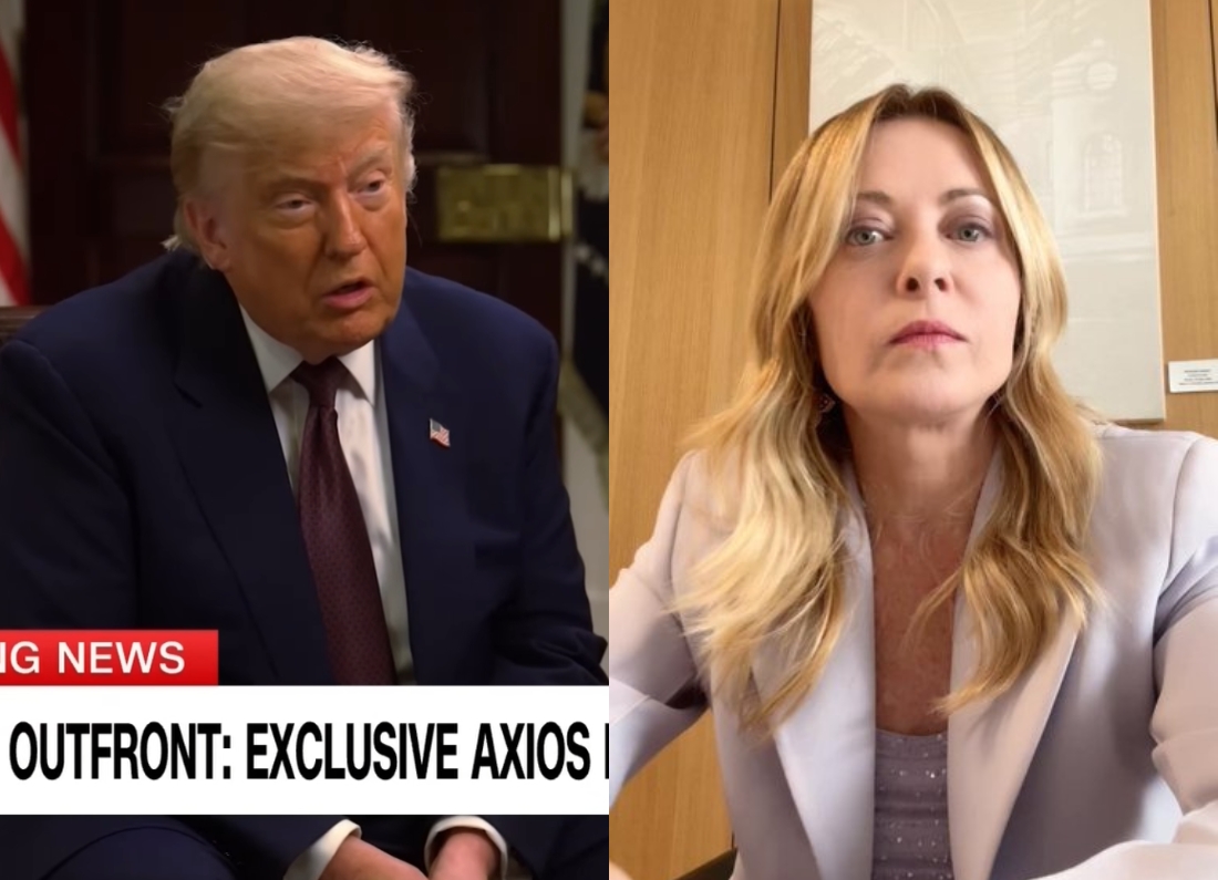 Donald Trump during a television interview alongside Italian Prime Minister Giorgia Meloni in a separate video message.