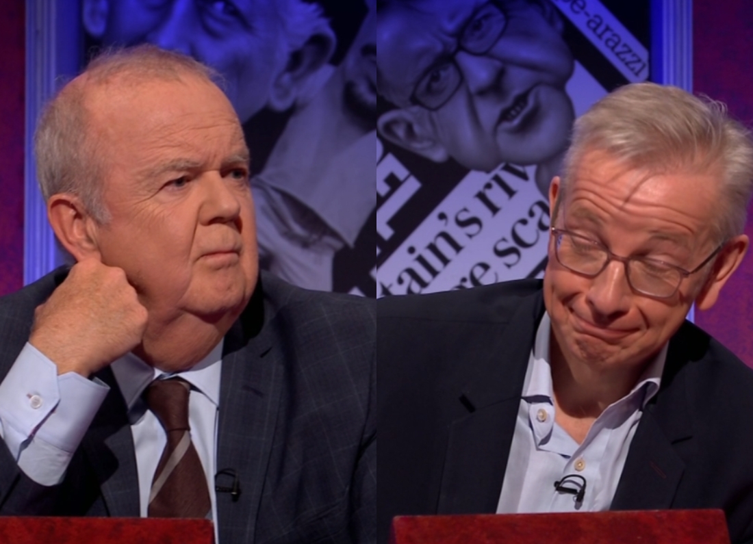 Ian Hislop and Michael Gove appear on Have I Got News For You during a discussion, with Gove reacting as Hislop looks on.