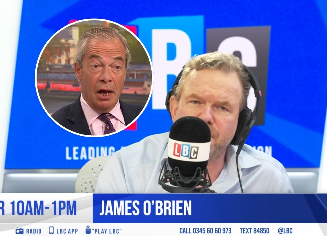 James O’Brien presenting on LBC with an inset image of Nigel Farage during a segment about Reform UK and Farage’s political record.