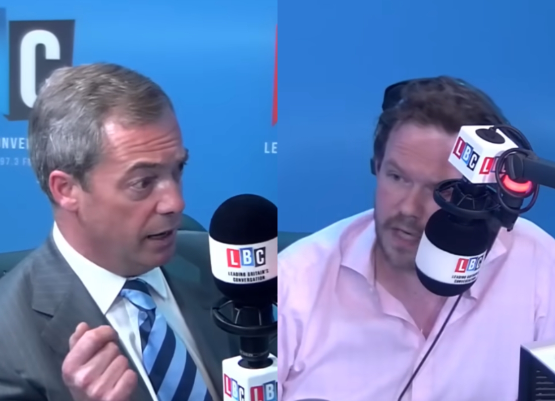 Nigel Farage speaking to James O’Brien during a 2014 LBC interview, shown in a split-screen studio image.