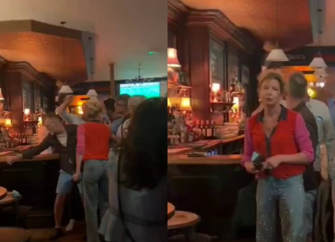 Katie Hopkins standing inside a London pub during England’s World Cup opener, moments before reportedly being removed from the venue.
