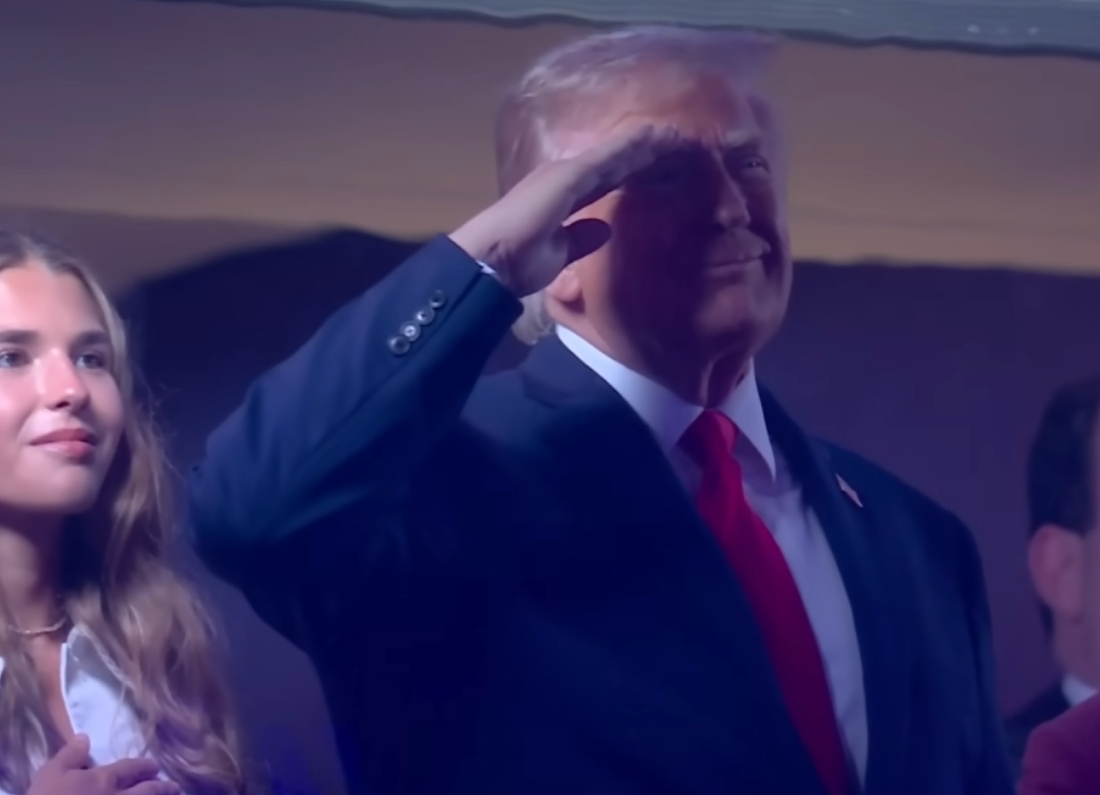 Donald Trump salutes during the US national anthem before Game 3 as some fans at Madison Square Garden reportedly boo from the crowd.