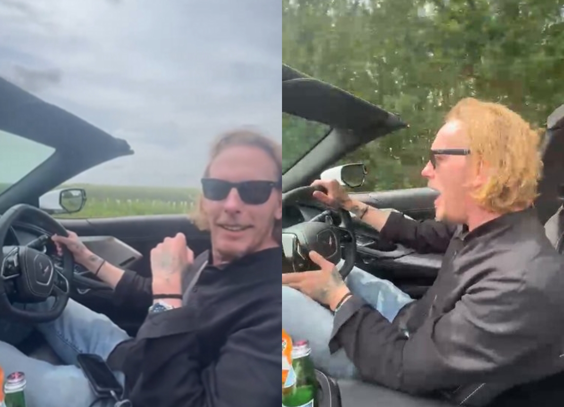 Laurence Fox driving a convertible sports car in a clip he posted after leaving Oxford.