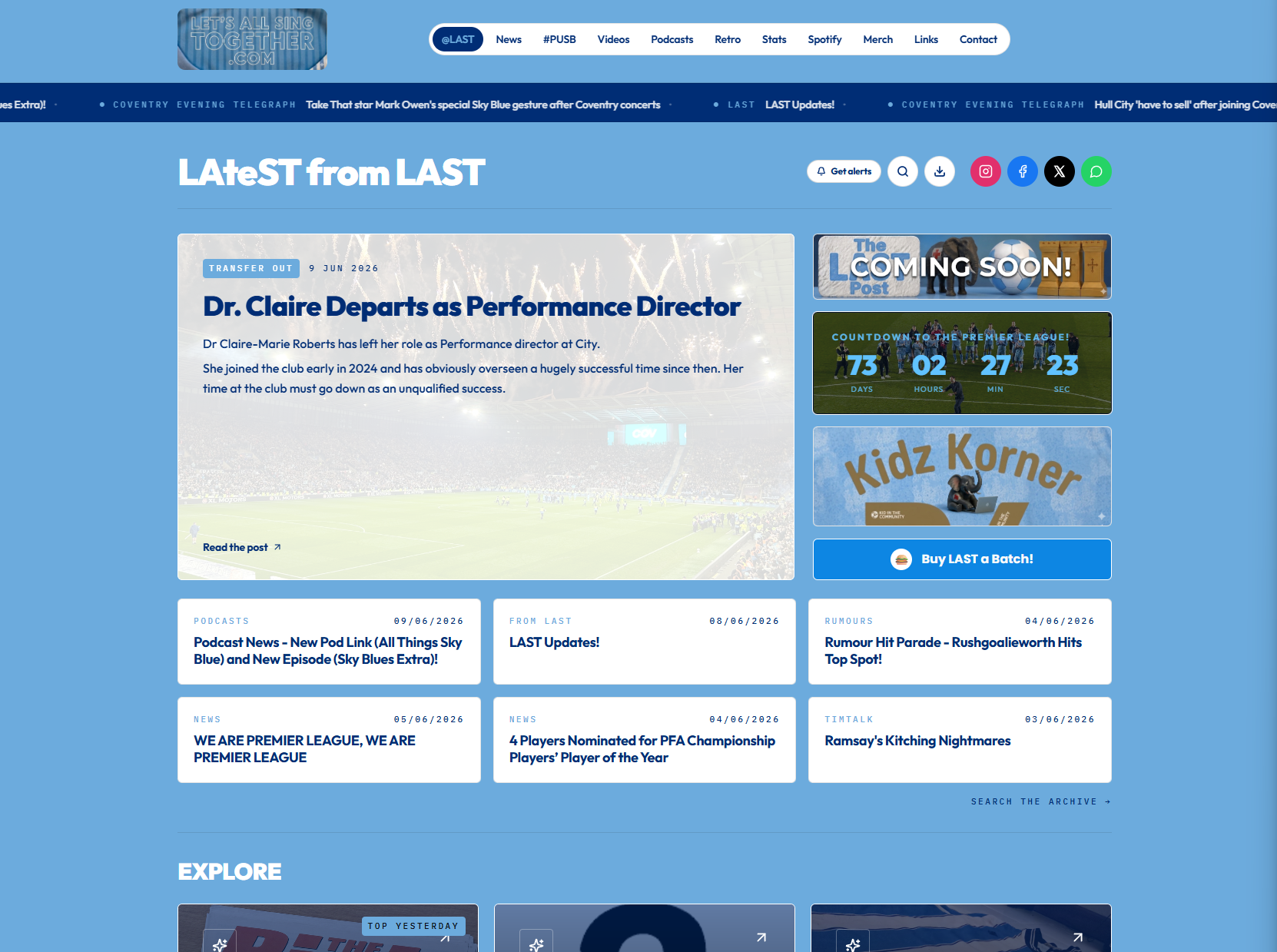 Homepage of the Let's All Sing Together website showing Coventry City news, podcasts, rumours and fan content.