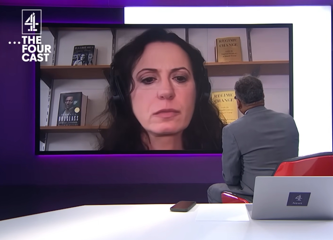 Maggie Haberman appearing on Channel 4’s The Fourcast with Krishnan Guru-Murthy during a discussion about Donald Trump’s presidency and political ambitions.
