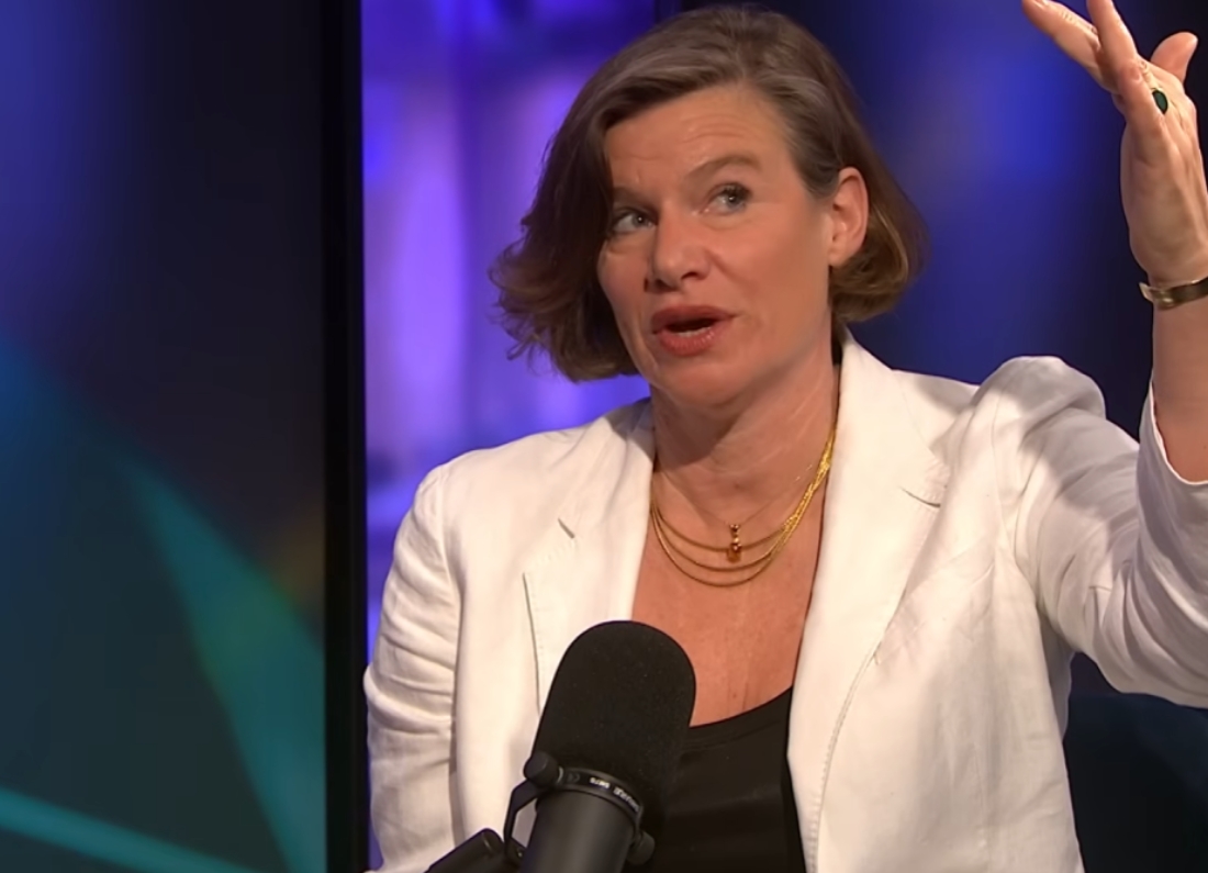 Economist Professor Mariana Mazzucato speaks during an appearance on Channel 4's The Fourcast, gesturing while discussing economic policy and the future direction of the UK economy.