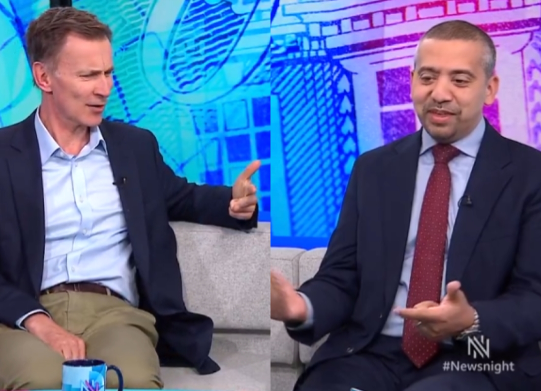 Journalist Mehdi Hasan and former Chancellor Jeremy Hunt appear on BBC Newsnight during a discussion on politics and Elon Musk's influence.