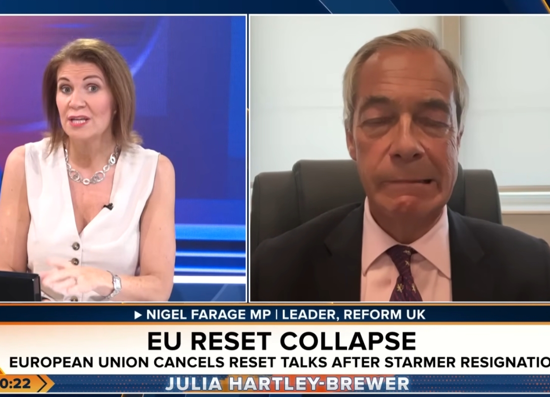 Julia Hartley-Brewer interviewing Nigel Farage on TalkTV during a tense exchange about his £5 million gift.