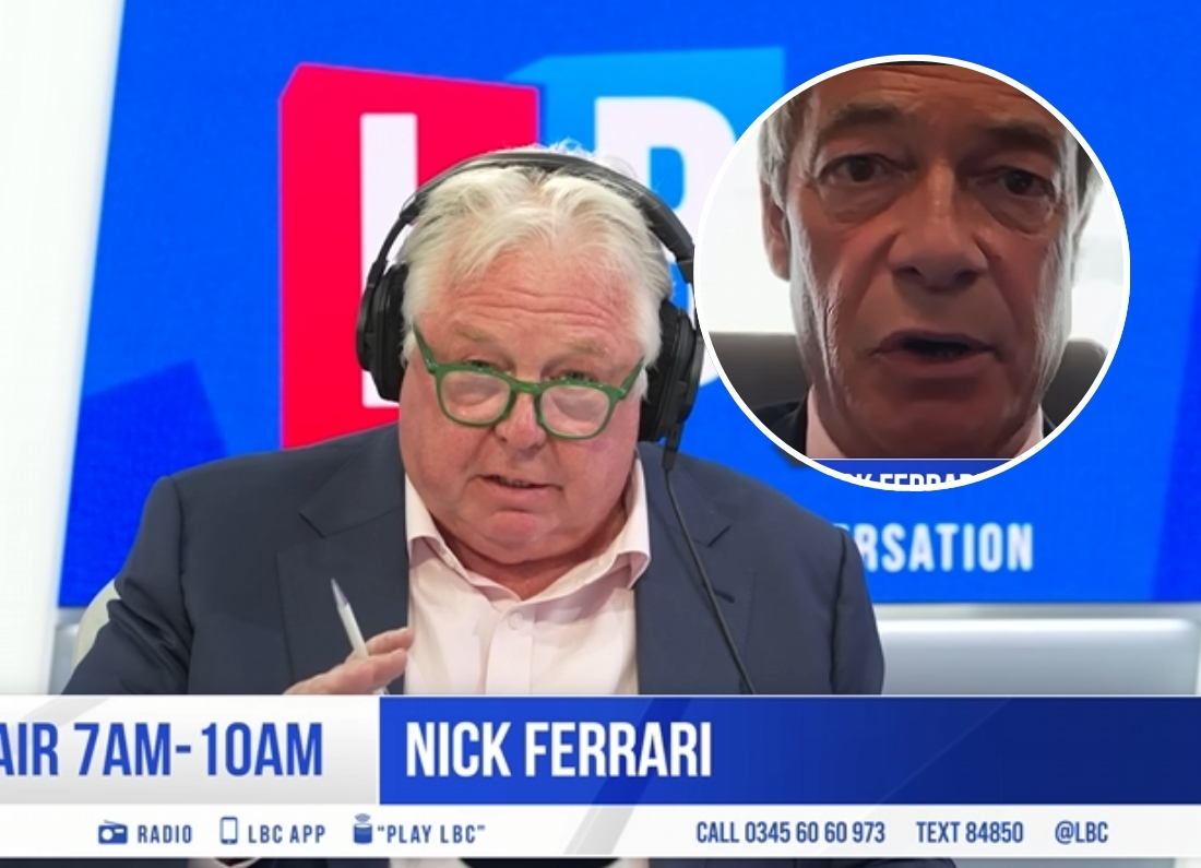 Nick Ferrari presenting on LBC with an inset image of Nigel Farage during an interview about Farage’s £5 million gift.