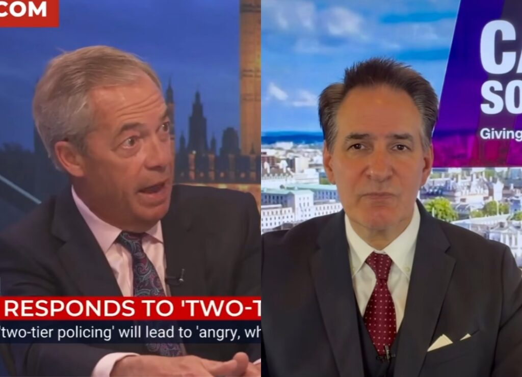 Split-screen image showing Nigel Farage during a television interview and journalist Peter Stefanovic speaking in a studio-style broadcast.