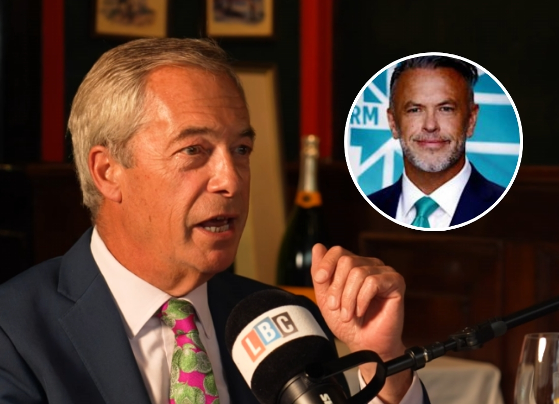 Nigel Farage speaks into an LBC microphone during a recorded interview, while a circular inset shows a Reform UK councillor whose reinstatement by the party is the subject of the report.