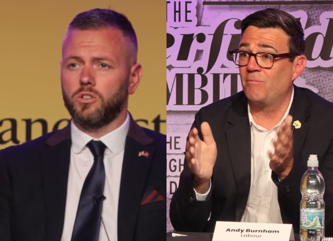 A split-screen image showing Reform UK candidate Robert Kenyon speaking at a debate alongside Greater Manchester Mayor Andy Burnham addressing an audience.