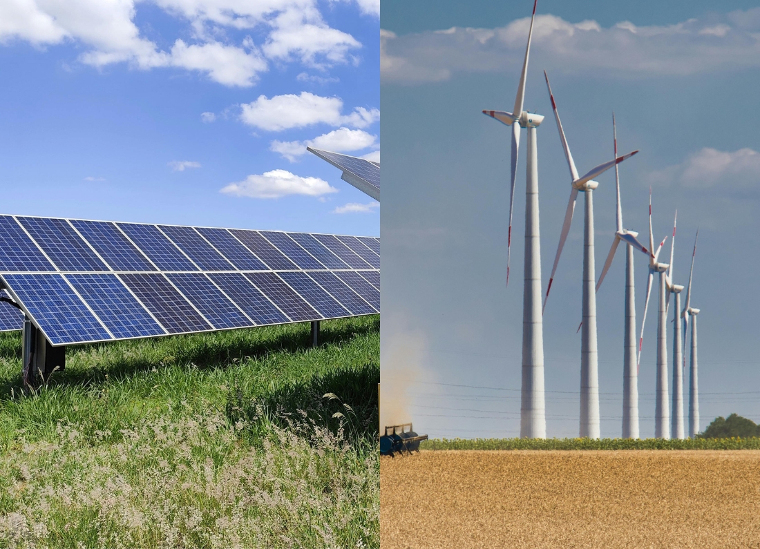 A split image showing renewable energy infrastructure, with rows of solar panels in a grassy field on the left and a line of wind turbines standing across open countryside on the right.