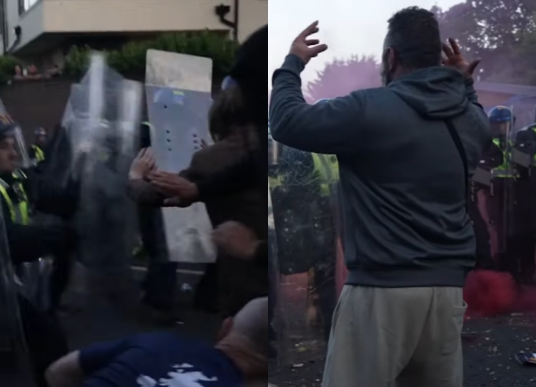 A split image showing clashes between protesters and police officers outside Southampton Central Police Station. Riot police with shields are visible on the left, while a demonstrator stands facing a police line amid coloured smoke on the right.