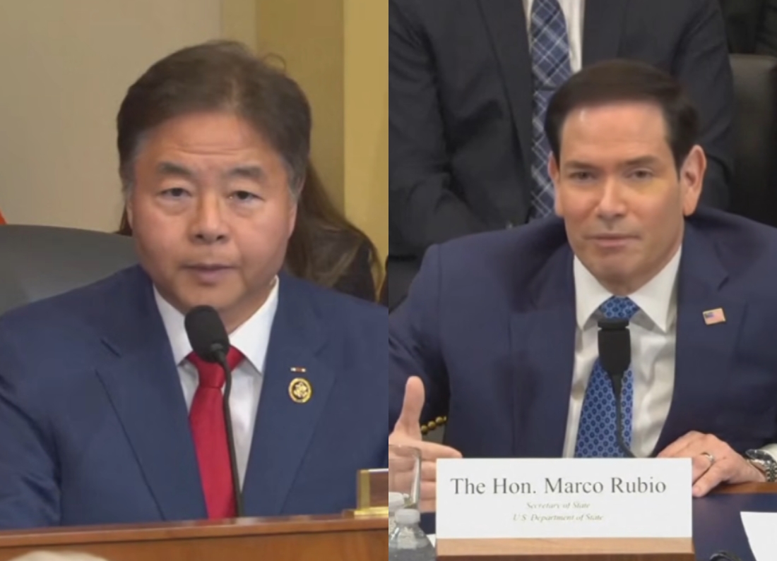 US Congressman Ted Lieu and Secretary of State Marco Rubio appear during a congressional hearing, speaking into microphones while discussing issues raised during a committee session.