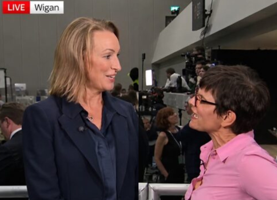 Labour peer Thangam Debbonaire speaks with Reform UK MP Sarah Pochin during a live television election discussion in Wigan.