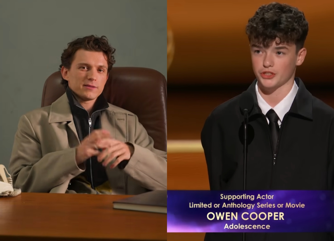 Tom Holland during an interview and Owen Cooper speaking on stage after receiving recognition for his role in Adolescence.