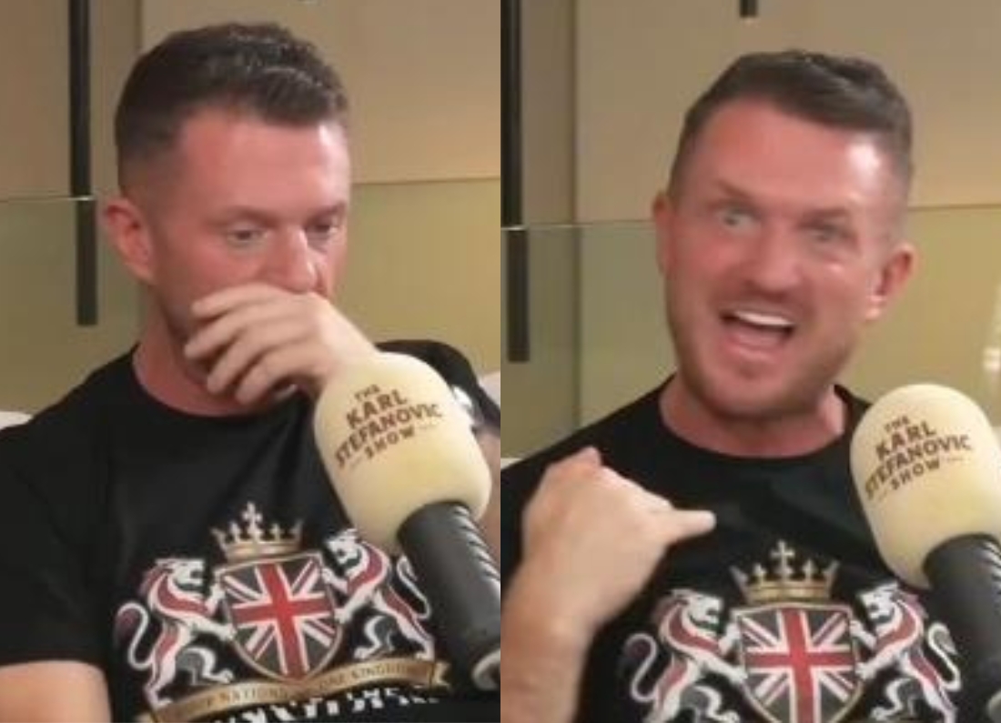 Tommy Robinson appearing on Karl Stefanovic’s podcast, shown sniffing and reacting during the interview.