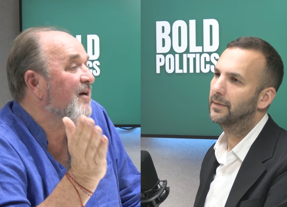 Historian William Dalrymple speaking with Green Party politician Zack Polanski during an episode of Bold Politics.