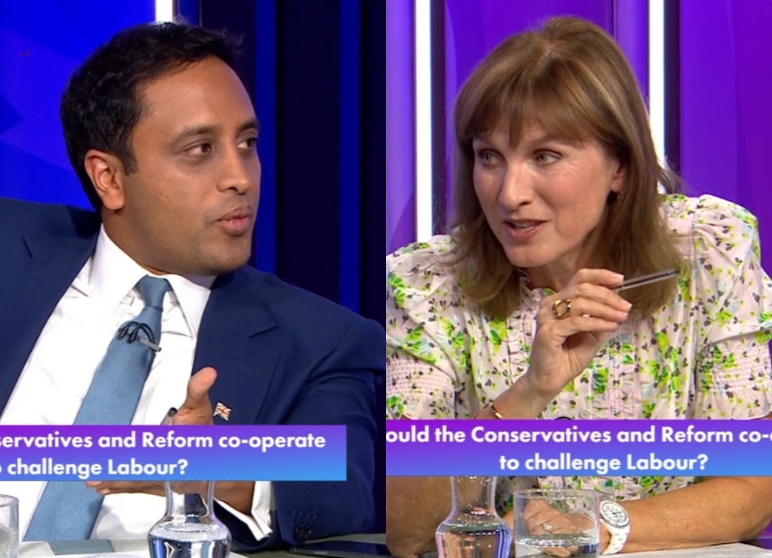 Zia Yusuf and Fiona Bruce speaking during a BBC Question Time debate about whether the Conservatives and Reform should cooperate.