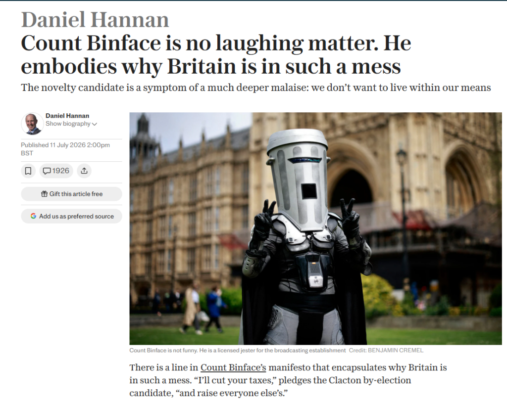 Screenshot of a Telegraph article by Daniel Hannan titled “Count Binface is no laughing matter. He embodies why Britain is in such a mess,” featuring a photo of Count Binface outside Parliament.