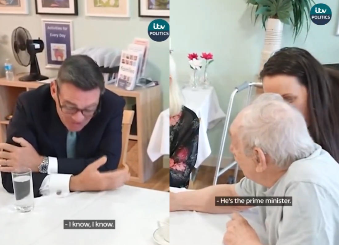 Andy Burnham speaks with care home resident Robert after being mistaken for a local election candidate.