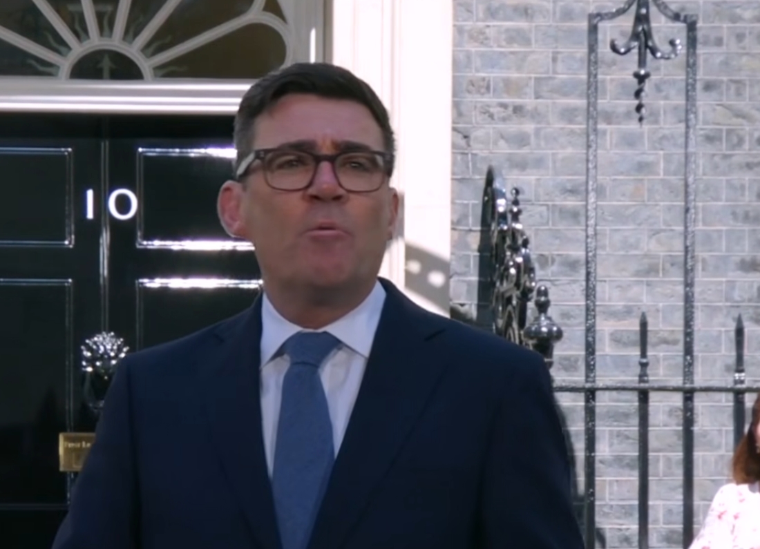 Prime Minister Andy Burnham delivers his first address to the country outside 10 Downing Street.