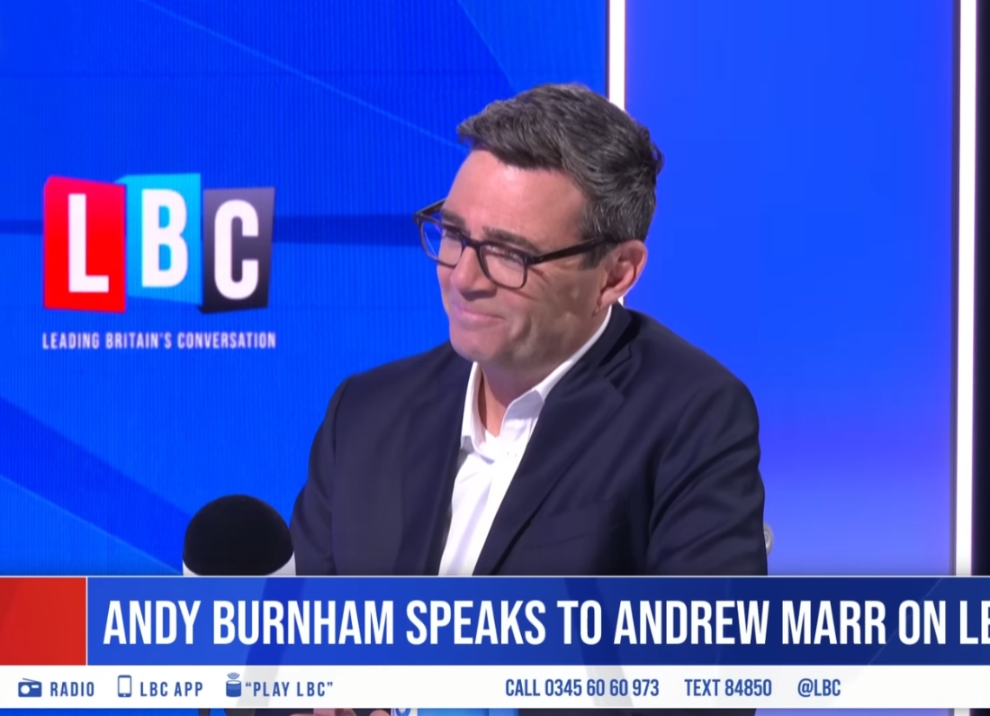 Andy Burnham speaking to Andrew Marr in the LBC studio during an interview about Labour, tax and his political vision.